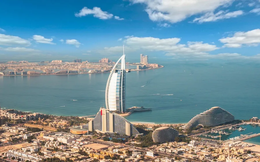 The Burj Al Arab hotel seen from above on a Dubai helicopter tour