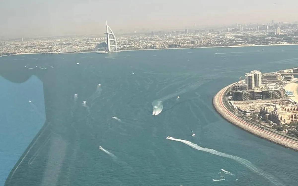 The Dubai coastline and the sea seen from a helicopter