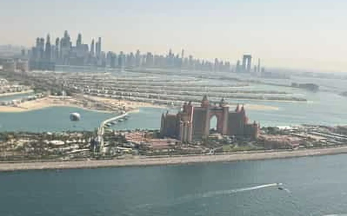 Palm Jumeirah and Atlantis seen from a helicopter over Dubai