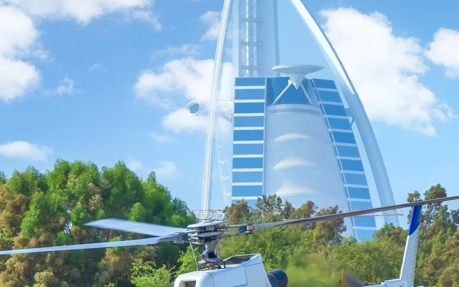 A white helicopter beside the Burj Al Arab in Dubai