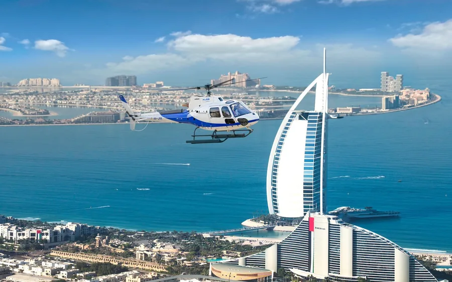 The Burj Al Arab hotel seen from a helicopter over Dubai